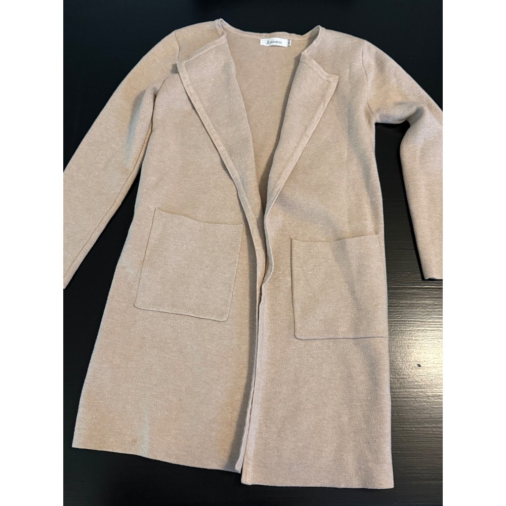 Anrabess Tan Beige Open Front Longline Cardigan Sweater Knit Duster XS